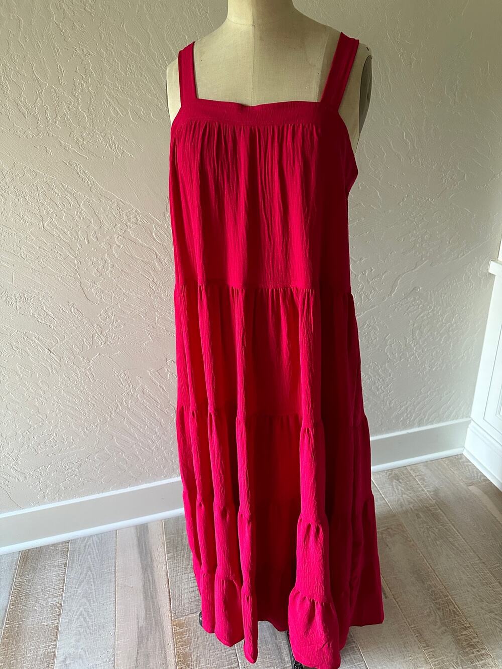 MAX STUDIO | Women's Cerise Red Square Neck Tiered Maxi Sun Dress 3903P58 Medium